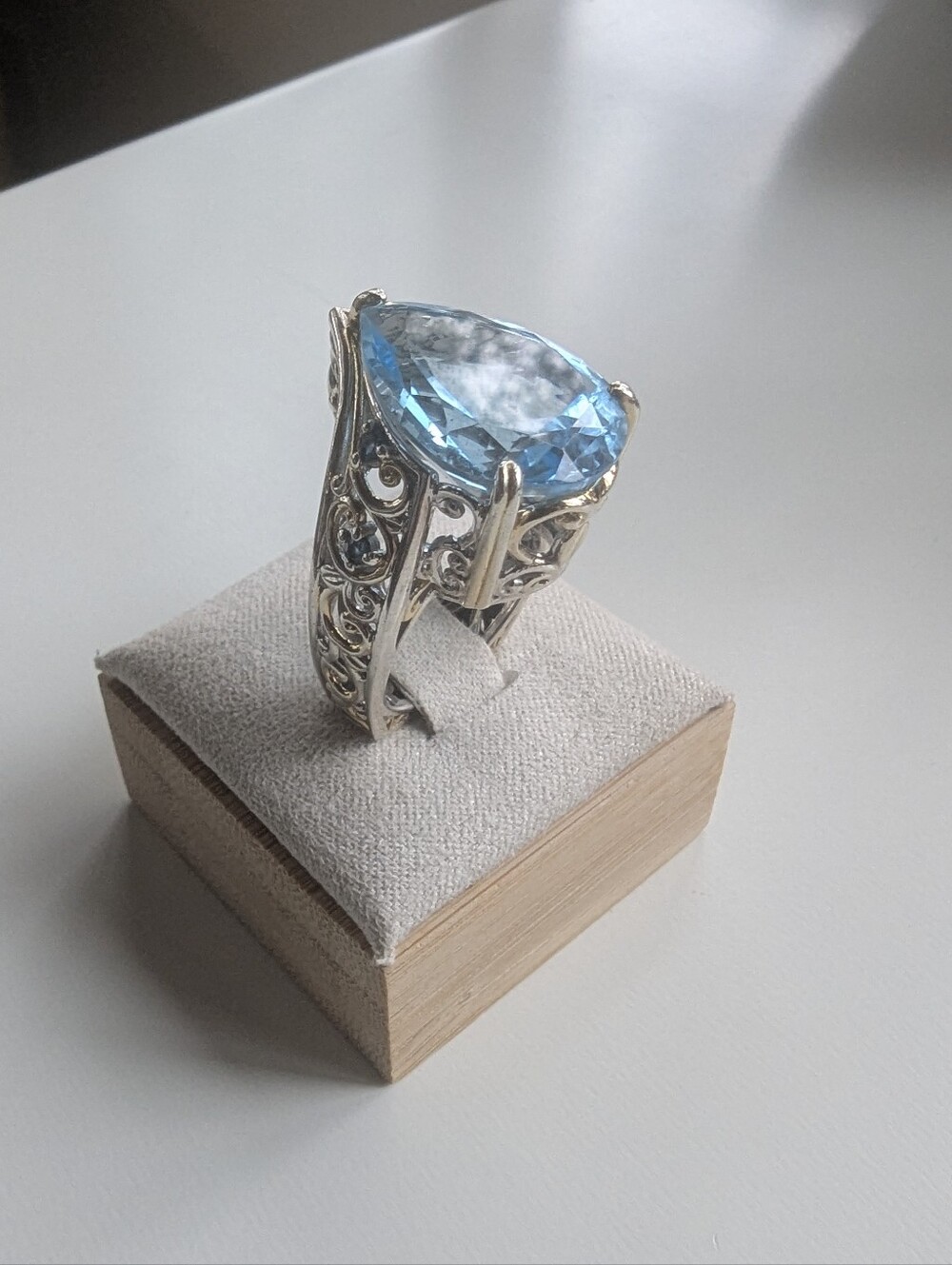 Blue Topaz Teardrop 925 Sterling Silver & Gold Filigree Statement Ring, Size 6
